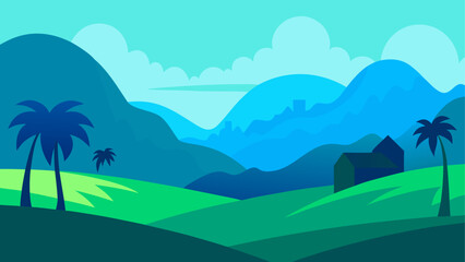 Obraz premium Landscape with palms and distant mountains on transparent background silhouette