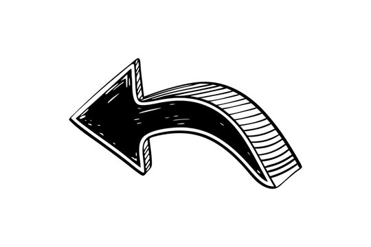 Hand-drawn curved arrow pointing left, sketchy style, bold black lines, hatched shading, dynamic directional symbol, isolated on a transparent background
