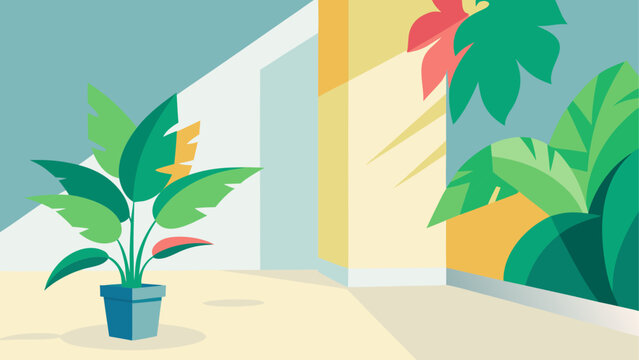 Plant in pot inside a colorful room area on transparent background silhouette