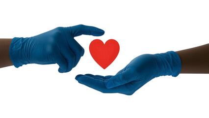 Compassionate Hands: Two gloved hands carefully cradle a red heart, symbolizing healthcare, empathy, and the importance of caring.