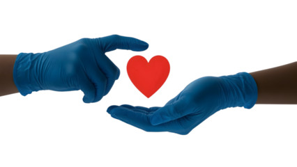 Compassionate Hands: Two gloved hands carefully cradle a red heart, symbolizing healthcare, empathy, and the importance of caring.