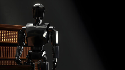 Humanoid robot lawyer standing confidently in a courtroom with legal books behind. Neutral lighting and clear right-side copyspace for text or design.