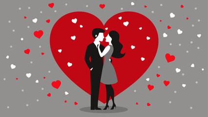 Obraz premium Couple embracing before a large red heart on transparent background silhouette