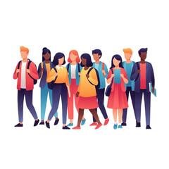 Fototapeta premium Diverse group of students walking together on college campus, carrying backpacks and books, showcasing unity and academic pursuit in a vibrant and inclusive atmosphere.