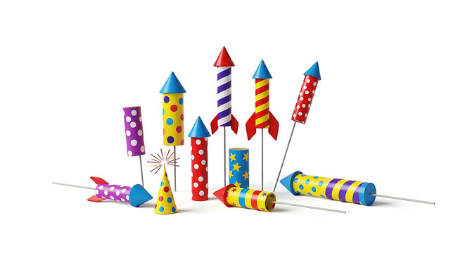 Collection of colorful toy rockets and fireworks on white background for celebration