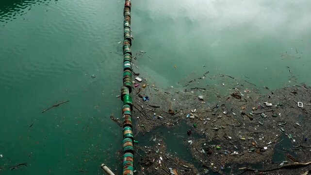 A river's plastic skin: a tragic mosaic of consumer waste suffocating a natural waterway, signaling urgent environmental distress.

