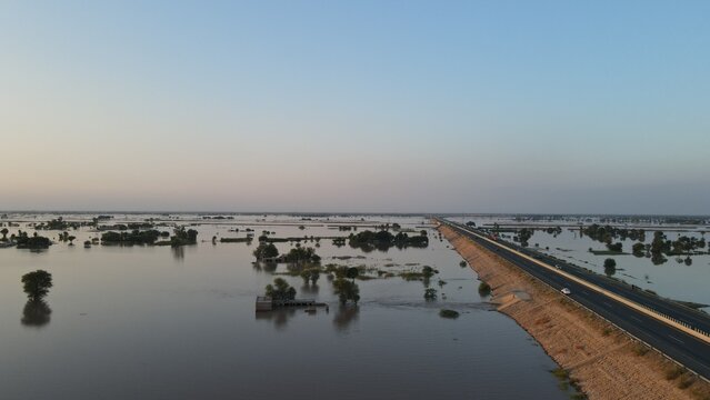 A submerged village after flood, located beside motorway in Punjab province