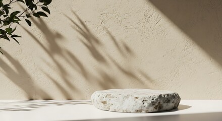 A rustic, textured stone podium bathed in warm sunlight with dappled leaf shadows on a beige wall