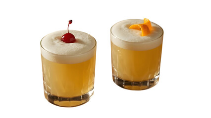 Cocktail Delight: Two expertly crafted cocktails, garnished with a vibrant cherry and an orange twist, beckon with their delightful blend of flavors.