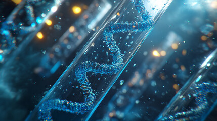 Glass tubes forming a DNA double helix glowing softly in light symbolizing genetic research innovation biotechnology and scientific precision elegant futuristic representation of molecular science