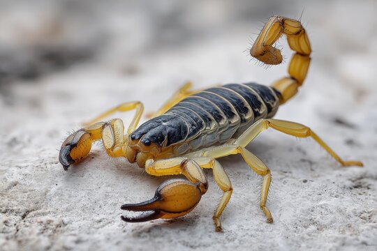 Close view of a yellow and black scorpion on rocky surface - Powered by Adobe
