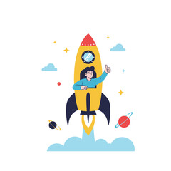 Fototapeta premium Illustration of a person inside a yellow rocket ship taking off on a journey through space with planets and stars.
