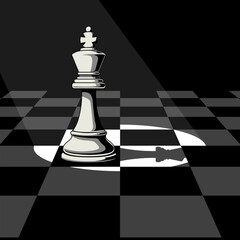 A white chess king is illuminated by spotlights on a dramatic black and white chessboard. Perfect for celebrating National Chess Day in October.