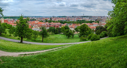 Panoramic view of Prague Old Town, Czech Republic, in May, seen from the hill in Petřín Gardens
