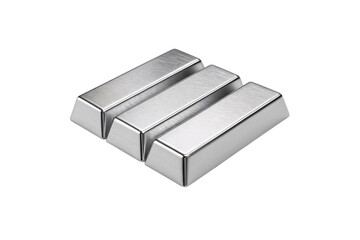 Three silver metal bars arranged parallel, brushed steel ingots stacked together, industrial metallic bullion collection set, isolated on a transparent background