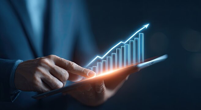 Businessman interacting with a tablet displaying a rising graph
