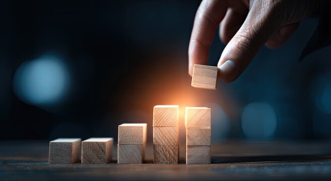 Hand placing wooden block on a growing stack