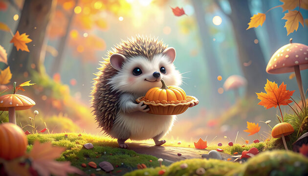 Adorable Hedgehog with a Pumpkin Pie in a Sunny Autumn Forest - Powered by Adobe