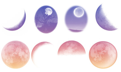 Gradient moon phases showing lunar cycle in purple and orange against on transparent background