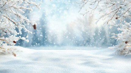 Winter landscape with snow covering trees and ground creating serene greeting background with copy-space perfect for seasonal cards banners social media posts and holiday designs