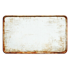 A weathered rectangular metal sign with a distressed white surface isolated on transparent background