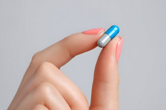 A hand holds a blue and gray pill capsule between two fingers.