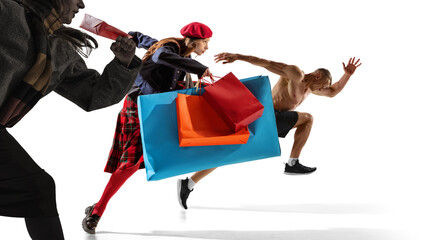Graphic composition. Group rushing with colorful bags symbolizing fashion energy and consumer...
