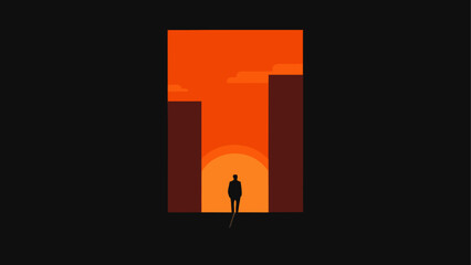 Person walking toward city gate at sunset