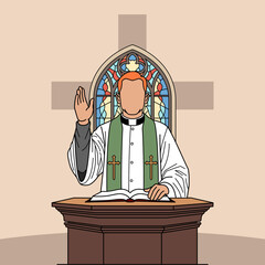 A pastor giving a blessing from behind his pulpit inside a church. Perfect for celebrating Pastor Appreciation Day in October.