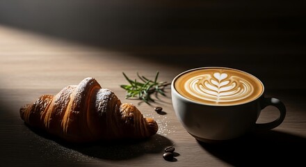 Coffee creation and tempting pastry on wooden surface for a delightful break