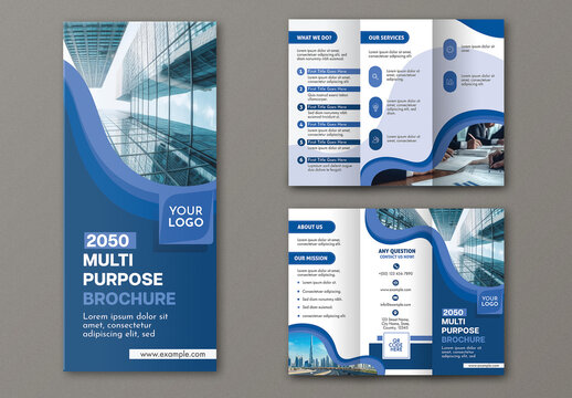 Editable Multi-Purpose Business Trifold Brochure Template in Blue and White Color.