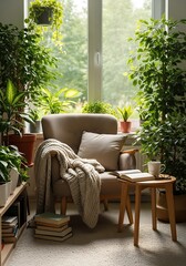 Cozy interior with armchair, books and house plants near a bright window