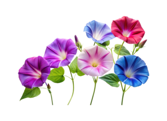 Colorful Morning Glory Flowers with Green Leaves on a White Background