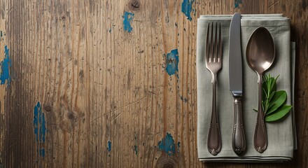 Rustic dining setting with vintage silverware and botanical accent piece
