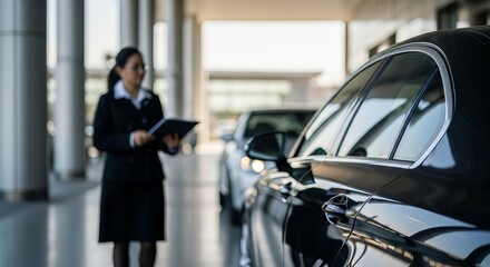 Luxury black car with chauffeur waiting outside airport terminal during daylight hours