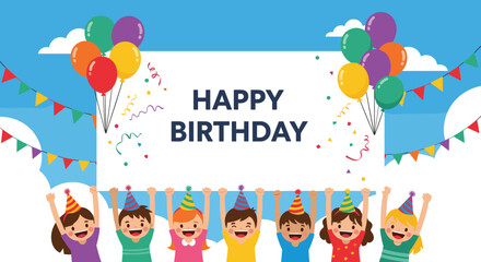 Obraz premium Happy birthday banner with children celebrating with balloons and confetti.