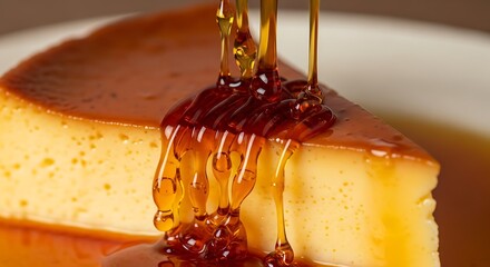Delicious caramel custard slice with dripping amber syrup close-up view