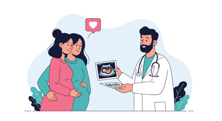 Two women excitedly review an ultrasound with their doctor representing fertility options for same-sex couples.