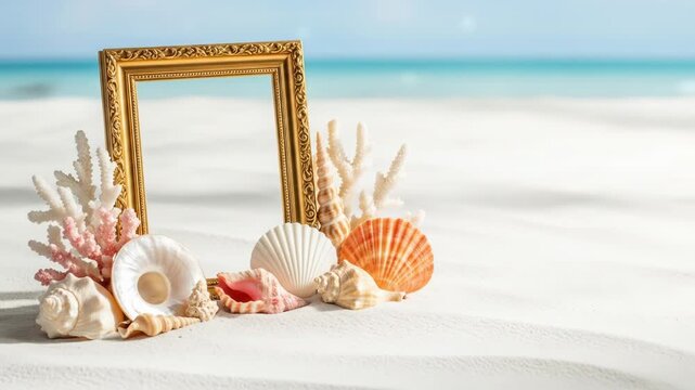 Gilded frame on sandy beach with shells and coral, ocean backdrop