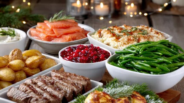 Scandinavian christmas buffet table with full julbord setup including cold and warm dishes, festive red and white decorations and rustic wooden background, copy space