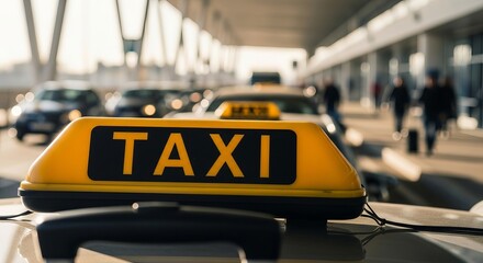 Close-up of taxi sign and suitcase handle in pickup lane captures moment of arrival at busy airport terminal