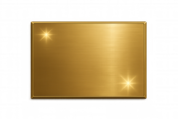 Gold metal plate texture with shiny brushed award plaque, blank luxurious golden banner with frame on transparent background