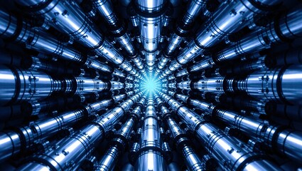 Futuristic Blue Light Tunnel with Metallic Elements.