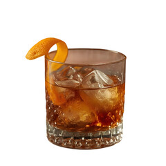 Citrus cocktail on the Rocks: A vibrant cocktail, featuring ice cubes, citrus peel, and the inviting amber hue of the beverage, offering a refreshing and flavorful experience.
