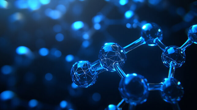 Holographic molecule projection glowing in a dark room representing futuristic science technology biotechnology research and molecular visualization for educational and scientific concepts