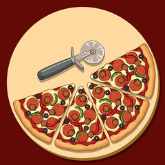Sausage pizza slices with a pizza cutter on a wooden tray on a maroon background. Perfect for celebrating National Sausage Pizza Day on October 11th.