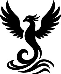 black and white silhouette of a Phoenix rising from water instead of fire - unique rebirth element vector with white background 
