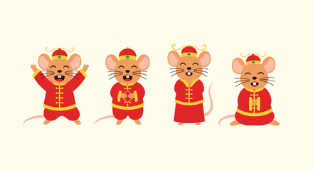 Obraz premium Four happy mice in traditional red Chinese outfits celebrating.