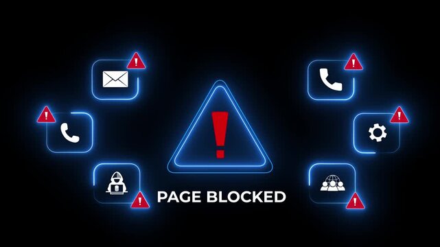 Page Blocked Alert Warning Message Attack on Screen. Wire Frame World map Radar Network Glitch Distortion. Login, Password and Progress Bar Futuristic UI Elements HUD. Dives hacking concept. 4k
