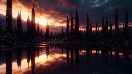 Futuristic Cityscape at Dusk - Reflections of a Modern Metropolis.